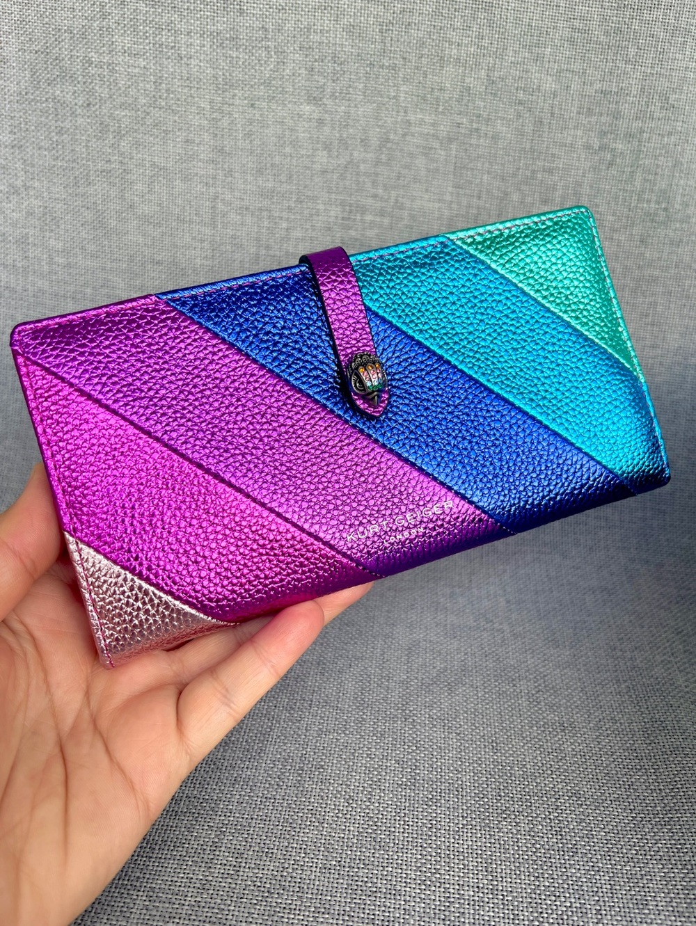 Kurt Geiger Rainbow stripe bifold wallet continental size metallic leather NWT